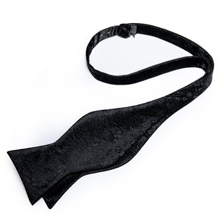 Solid Black Floral Bow Tie Pocket Square Cufflinks Set