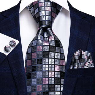 Pink Grey Plaid Novelty Pattern Silk Necktie Pocket Square Cufflinks Set