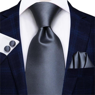 Classic Solid Grey Silk Necktie Pocket Square Cufflinks Set