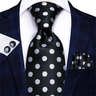 Classic Black White Polka Dot Silk Necktie Pocket Square Cufflinks Set