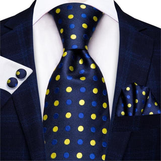 Blue Yellow Polka Dot Silk Necktie Pocket Square Cufflinks Set