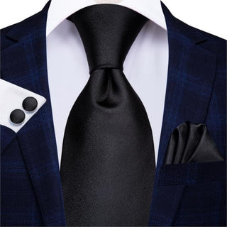 Classic Black Solid Silk Necktie Pocket Square Cufflinks Set
