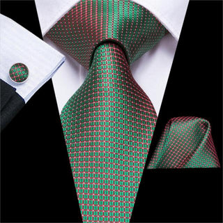 Shining Green Plaid Silk Necktie Pocket Square Cufflinks Set