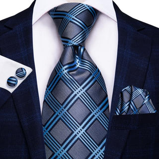 Grey Blue Plaid Silk Necktie Pocket Square Cufflinks Set