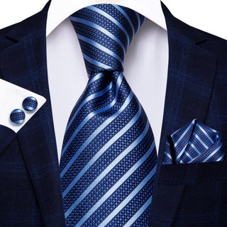 New Blue Striped Silk Necktie Pocket Square Cufflinks Set