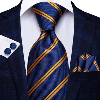 Blue Yellow Striped Silk Necktie Pocket Square Cufflinks Set