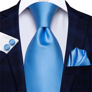 Light Blue Plain Silk Necktie Pocket Square Cufflinks Set