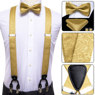 Golden Yellow Paisley Brace Clip-on Men's Suspenders with Bow Tie Set