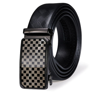 Black Plaid Metal Buckle Genuine Leather Belt