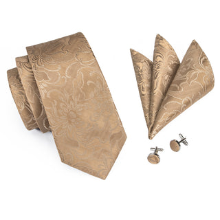 Luxury Brown Floral Silk Necktie Pocket Square Cufflinks Set
