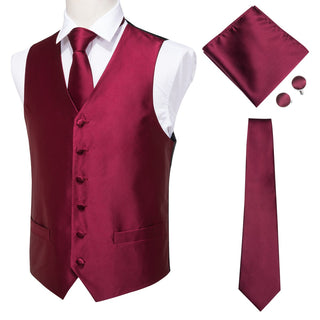 Classic Red Solid Jacquard Vest Pocket Square Cufflinks Tie Set Waistcoat Suit Set
