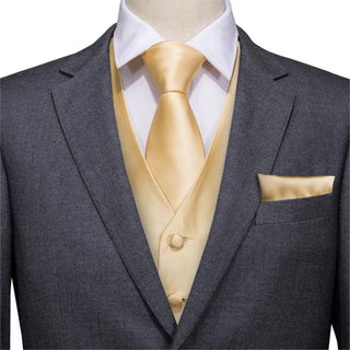 Golden Yellow Solid Men's Vest Pocket Square Cufflinks Tie Set Waistcoat Suit Set