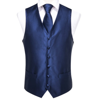 Classic Blue Solid Men's Vest Pocket Square Cufflinks Tie Set Waistcoat Suit Set