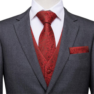 Red Solid Paisley Floral Men's Vest Pocket Square Cufflinks Tie Set Waistcoat Suit Set