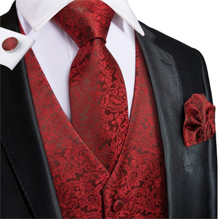 Red Solid Paisley Floral Men's Vest Pocket Square Cufflinks Tie Set Waistcoat Suit Set