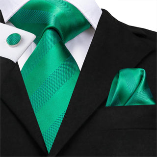 Solid Green Plaid Striped Silk Necktie Pocket Square Cufflinks Set