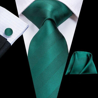 -Dark Green Striped Silk Necktie Pocket Square Cufflinks Set