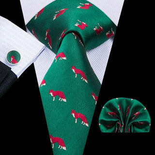 Green Fox Novelty Pattern Silk Necktie Pocket Square Cufflinks Set