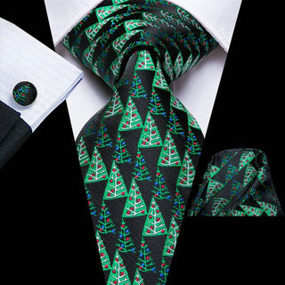 Green Black Christmas Tree Novelty Silk Necktie Pocket Square Cufflinks Set