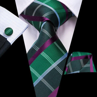 Green Purple Plaid Silk Necktie Pocket Square Cufflinks Set