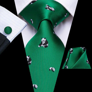 Green Panda Novelty Silk Necktie Pocket Square Cufflinks Set