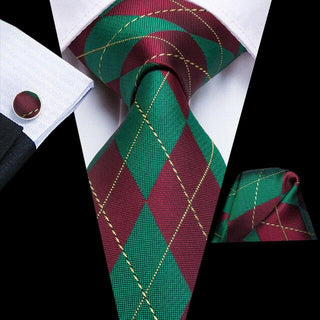 Green Red Plaid Striped Silk Necktie Pocket Square Cufflinks Set