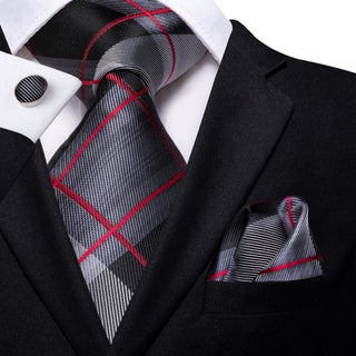 Black Grey Red Plaid Silk Necktie Pocket Square Cufflinks Set