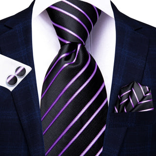 Black Pink Striped Silk Necktie Pocket Square Cufflinks Set