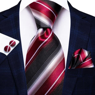 Black Red Striped Silk Necktie Pocket Square Cufflinks Set