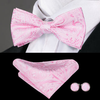 Pink Floral Pre-tied Bow Tie Pocket Square Cufflinks Set