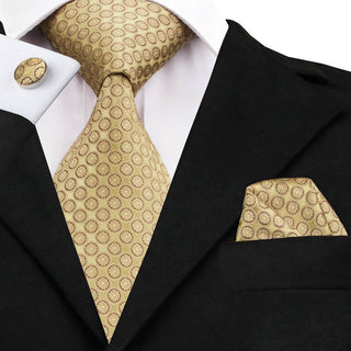 Yellow Dot Novelty Pattern Silk Necktie Pocket Square Cufflinks Set