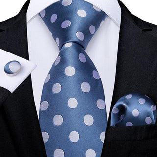Sky Blue Polka Dot Silk Necktie Pocket Square Cufflinks Set