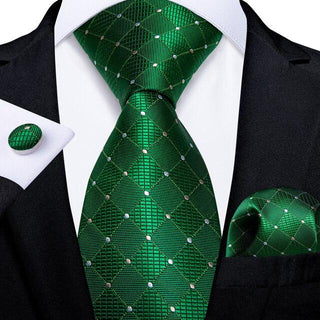 Green Plaid Polka Dot Silk Necktie Pocket Square Cufflinks Set