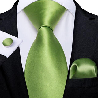 Light Green Solid Silk Necktie Pocket Square Cufflinks Set