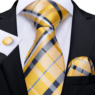 Yellow Blue Wide Striped Silk Necktie Pocket Square Cufflinks Set