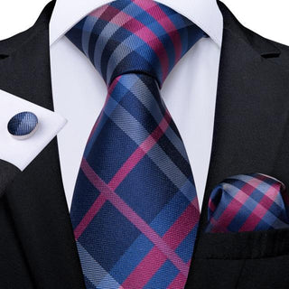 Classic Deep Blue Pink Plaid Silk Necktie Pocket Square Cufflinks Set