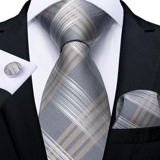 New Tender Style Grey Plaid Silk Necktie Pocket Square Cufflinks Set