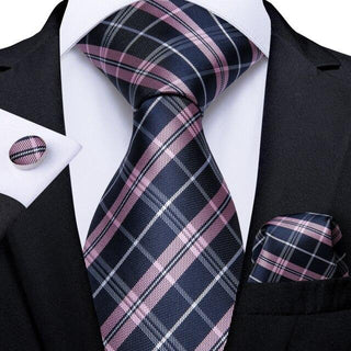 Deep Blue Pink Plaid Silk Necktie Pocket Square Cufflinks Set