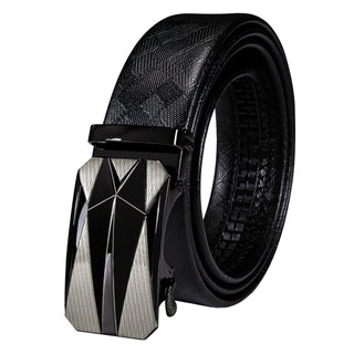 Novelty Black Geometric Metal Buckle Genuine Leather Belt