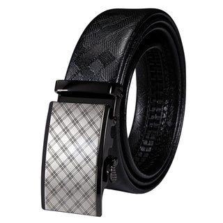 New Silver Plaid Metal Buckle Men's Black Genuine Leather Belt