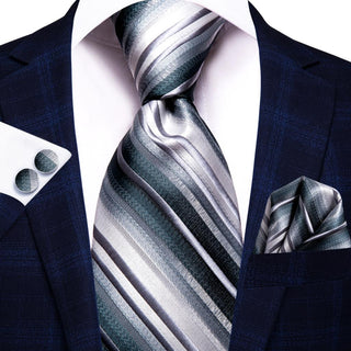 Black White Striped Silk Necktie Pocket Square Cufflinks Set