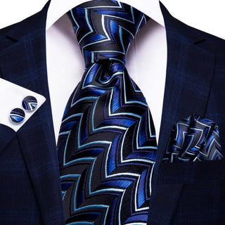 Navy Blue Black Novelty Silk Necktie Pocket Square Cufflinks Set