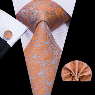 Coral Yellow Silk Necktie Pocket Square Cufflinks Set