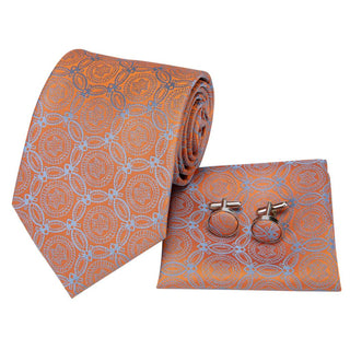 Coral Yellow Silk Necktie Pocket Square Cufflinks Set