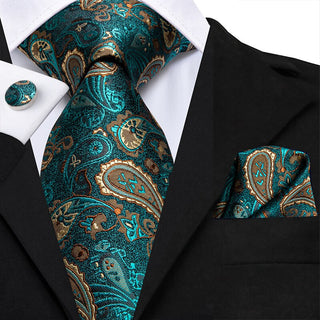Dark Green Luxury Classic Paisley Silk Tie Pocket Square Cufflinks Set