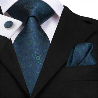 Dark Blue Floral Silk Necktie Pocket Square Cufflinks Set