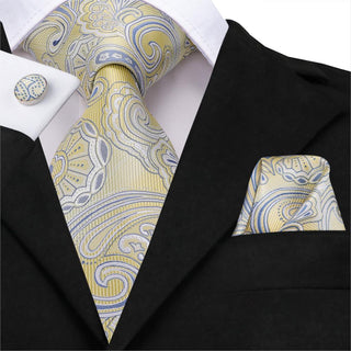 Floral Paisley Yellow Gold Silk Necktie Pocket Square Cufflinks Set