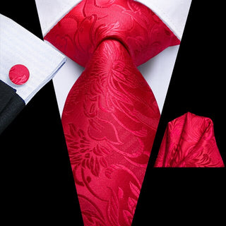 Luxury Red Floral Silk Necktie Pocket Square Cufflinks Set
