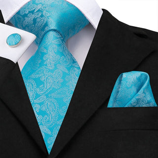Sky Blue Floral Silk Necktie Pocket Square Cufflinks Set