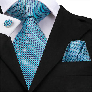 Sky Blue Plaid Dot Design Silk Necktie Pocket Square Cufflinks Set